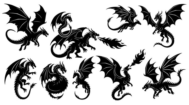 A captivating collection of diverse dragon silhouettes, showcasing powerful mythological creatures in various dynamic poses for fantasy themed designs
