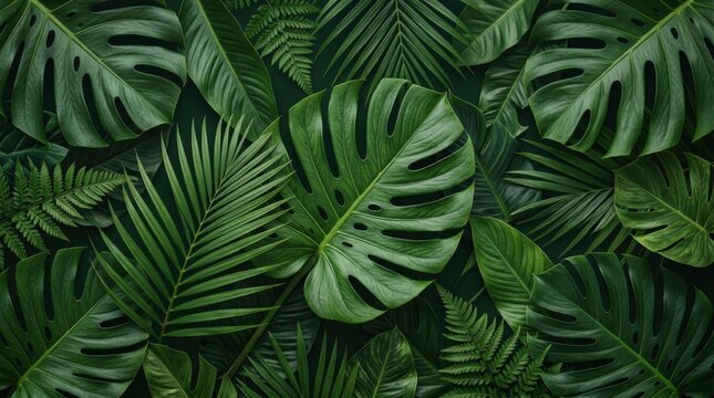 Abstract tropical leaf texture on a dark green background, lush botanical foliage pattern with rich natural layers, elegant jungle inspired backdrop for wellness, spa, eco design and packaging, soft