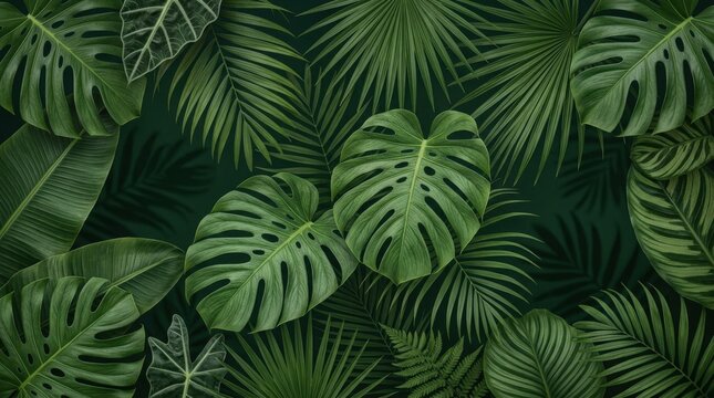 Abstract tropical leaf texture on a dark green background, lush botanical foliage pattern with rich natural layers, elegant jungle inspired backdrop for wellness, spa, eco design and packaging, soft