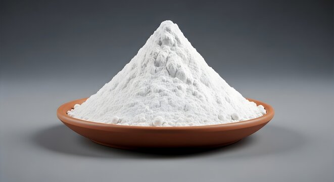 A pile of white powder or flour on a small ceramic plate.