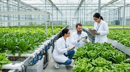 Naklejka premium Scientists examining the quality of organic vegetables in a hydroponic farm, agricultural research, food safety and sustainable cultivation with modern greenhouse methods, soft natural light,