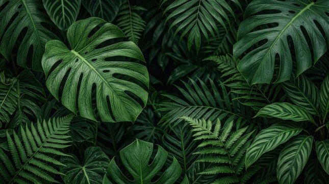 Abstract tropical leaf texture on a dark green background, lush botanical foliage pattern with rich natural layers, elegant jungle inspired backdrop for wellness, spa, eco design and packaging, soft