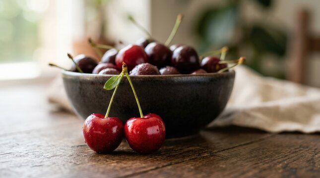 Two sweet cherries in front of a dark bowl, selective focus composition with fresh red summer fruit and minimal food styling, strong commercial appeal for healthy snacks, fruit concepts and elegant