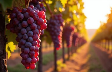 Naklejka premium Ripe red grapes hang on vine in sunlit vineyard rows. Red wine production begins with fresh fruit harvest in autumn. Grapes for winemaking ripen.