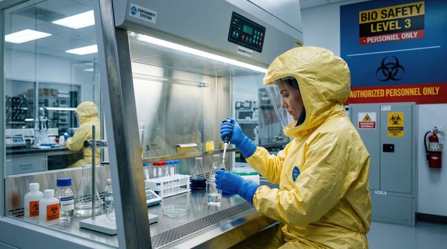 A scientist in full protective gear conducts experiments inside a biosafety level 3 laboratory to ensure containment and safety from hazardous biological agents.