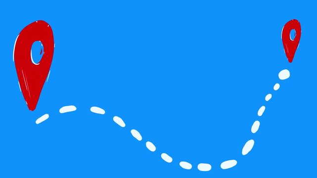 Route drawing from point A to point B on a blue screen. Cartoon animation of delivery travel search tour and flight. Stock video with geo markers and dotted road in 4K with alpha channel.