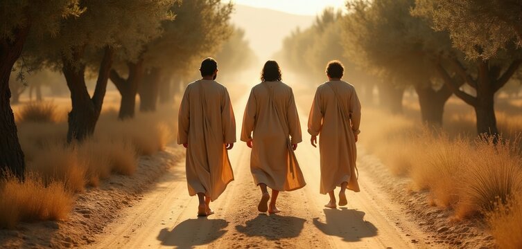 Three men in ancient robes walk on dusty road beside olive trees. They travel together in a spiritual journey, possibly Jesus with disciples in biblical times. Warm sunlight.