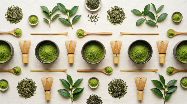 Matcha tea pattern with bowls of vivid green powder, premium wellness background with organic ingredients, Japanese tea ritual mood and clean flat lay composition for food, beauty or health branding,