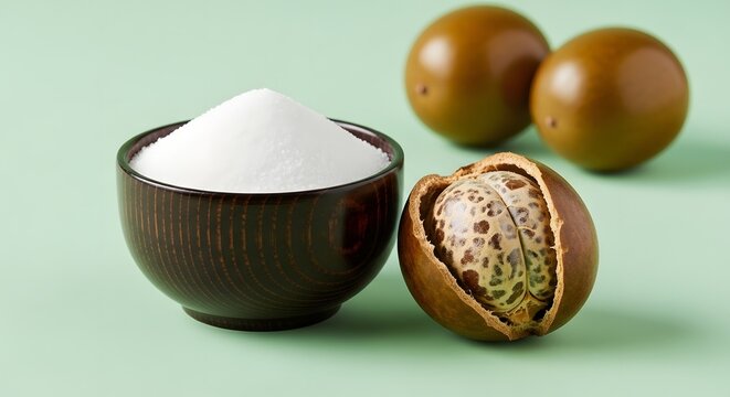 Monk Fruit Extract Powder in a Bowl with Whole and Cracked Monk Fruit.