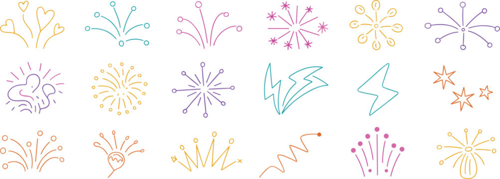 Collection of hand drawn colorful abstract shapes and fireworks background celebration doodle