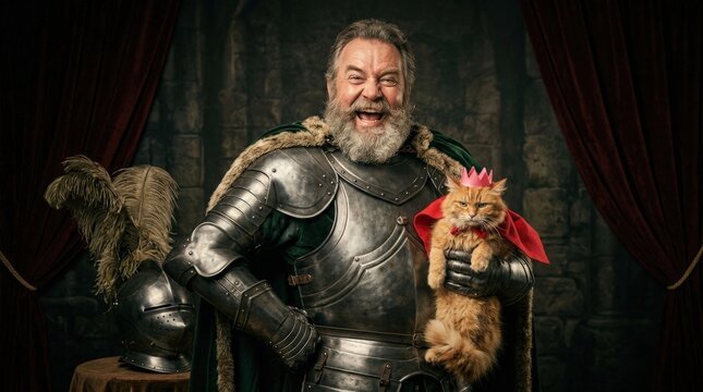 Humorous portrait of an armored general, entertaining costume character image with bold expression, dramatic stance and playful contrast, ideal for comedy and historical parody themes, studio lighting