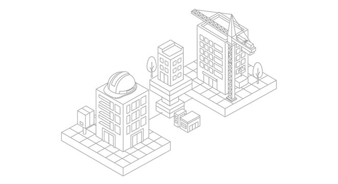 Isometric Line Art Construction Site and Urban Development Illustration with Crane and Buildings