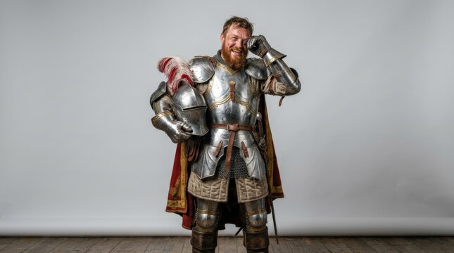 Humorous studio shot of an armored ancient soldier, comic warrior portrait with polished metal costume, expressive body language and lighthearted mood, clean background, crisp details and realistic
