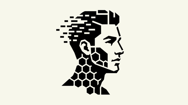 Stenciled Silhouette of a Mans Head Deconstructing into Pixels and Hexagons