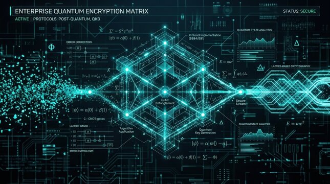 Enterprise quantum encryption matrix with glowing mathematical patterns, secure data transformation and cryptography algorithms on a dark abstract background, teal cyan accents, clean composition,