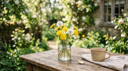 Fototapeta premium Rustic wooden table with a small vase of delicate dandelions, fresh spring morning atmosphere and natural seasonal concept for home branding, wellness advertising and editorial product placement,