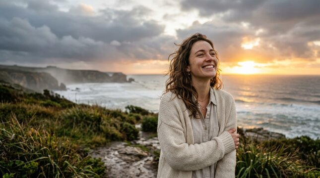 A smile welcoming the first ray of sunlight after the storm, hopeful lifestyle portrait concept for resilience, healing, optimism and emotional wellbeing with warm expressive mood and soft atmosphere,