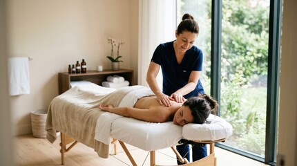 Obraz premium Therapist giving back massage near window in bright spa room, professional wellness treatment and self care concept in a calm spa interior, stress relief, therapeutic touch, holistic healing, clean