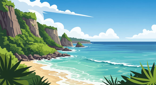 Vector illustration of a tropical coastline featuring steep green cliffs overlooking a sandy beach with dark rocks and turquoise ocean water under a clear blue sky with clouds.