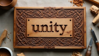 Naklejka premium Ornate Celtic wood carving with word unity. Detailed interlaced knotwork border frames central text. Tools and wood pieces suggest craft process.