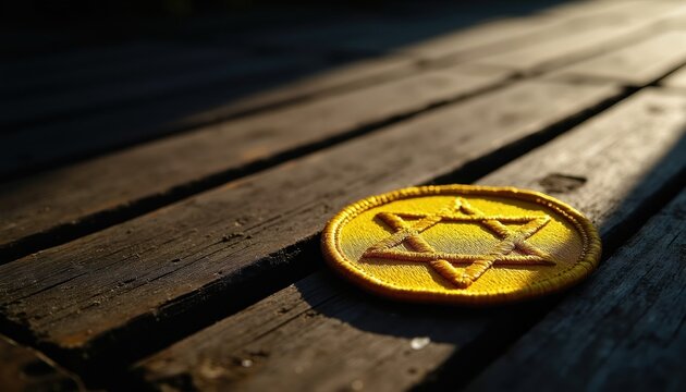 Yellow Star of David patch on dark wood planks. Symbol of Jewish persecution during World War II genocide. A solemn reminder of past atrocities, remembrance and human rights.