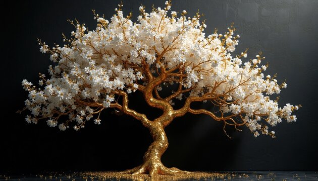 Gold tree with white blossoms on dark background. Branches and trunk gleam with metallic shine. Represents wealth, growth, beauty, luxury, nature in abstract form.