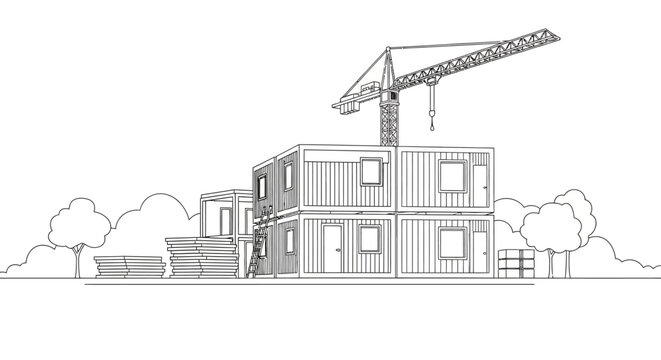 Modular Container House Construction Site Line Drawing - Modern Prefabricated Housing Building Process with Tower Crane and Trees Illustration