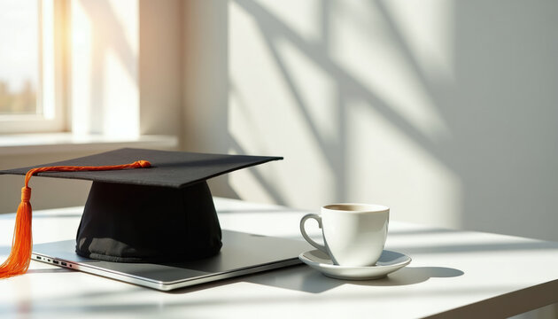 Graduation cap rests on laptop next to coffee cup on desk. Bright room with window light creates shadows. Represents academic achievement and study success.