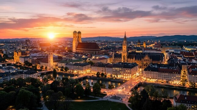 Sunset view over Munich Germany, glowing city skyline, urban destination, European travel atmosphere, warm evening light, architectural panorama, tourism concept, scenic city mood, clean composition,