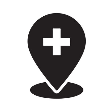 hospital vector icon;  black map pointer with hospital symbol