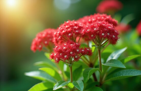 Red pentas flowers bloom vibrantly on green bush. Sunlight hits cluster blossoms showing fine detail. Nature garden plant with fresh leaves displays summer beauty.