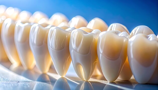 Row of shiny ceramic dental crowns, closeup on healthy white teeth, medical dentistry, cosmetic restoration, bright clean aesthetic, health and hygiene