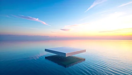 Fototapete Reflection Surreal floating cube structure reflected on calm water surface at sunset, serene ocean landscape, vibrant sky.  © Yuli