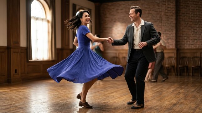 Lindy hop dancing couple spinning with a flowing dress and strong studio lighting, fashion campaign visual, clothing movement showcase, textile presentation and retail advertising concept, expressive
