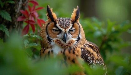 Obraz premium Close up of sleepy brown owl with closed eyes resting on tree branch. Its patterned feathers show detail amid green forest foliage. Bird is calm and quiet in its natural habitat.