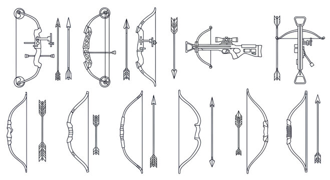 Archery Equipment: Bows, Arrows, and Crossbows Collection - Vector Line Art