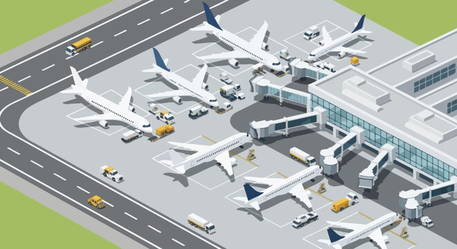 Isometric illustration of a bustling airport with passenger airplanes at gates, ground vehicles, and jet bridges, highlighting modern air travel
