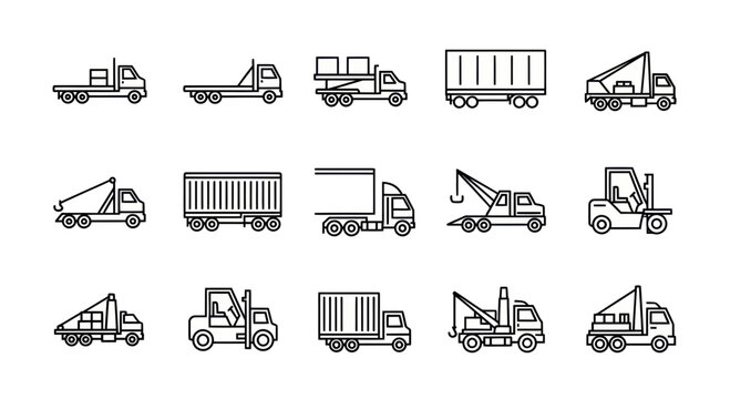 Collection of Truck and Vehicle Icons: Flat Design, Logistics and Transport Set