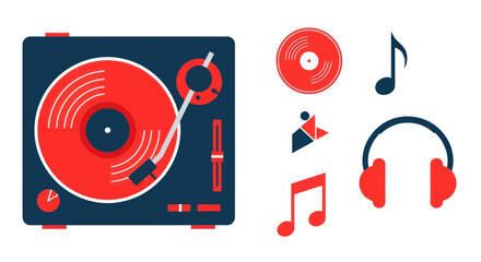 Obraz premium Retro Turntable and Music Icons: Vinyl Record, Headphones, Notes