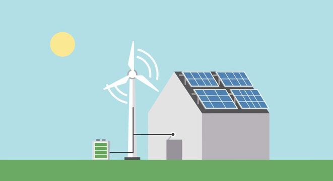 Sustainable home energy system illustration featuring rooftop solar panels, a wind turbine, and battery storage for clean, eco-friendly power generation