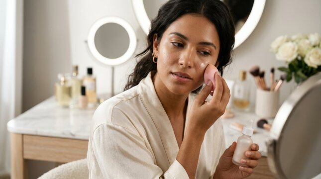 Attractive girl doing makeup and applying face product, beauty and fashion concept with polished styling, self-care mood and strong cosmetics appeal, soft studio light, realistic skin texture, elegant