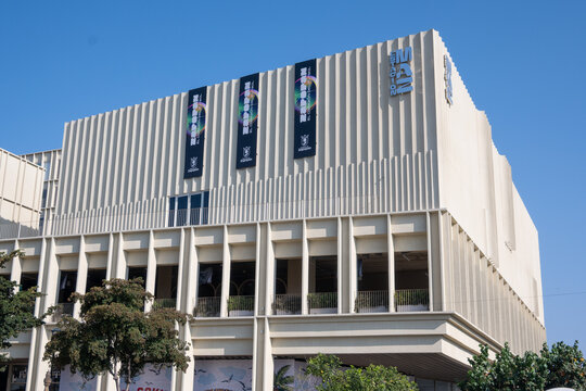 Zapopan, Mexico - February 22 2026: The contemporary facade of MAZ, Zapopan Art Museum, located in the vibrant downtown area of Jalisco, Mexico, under a clear blue sky. Modern architectural design wit
