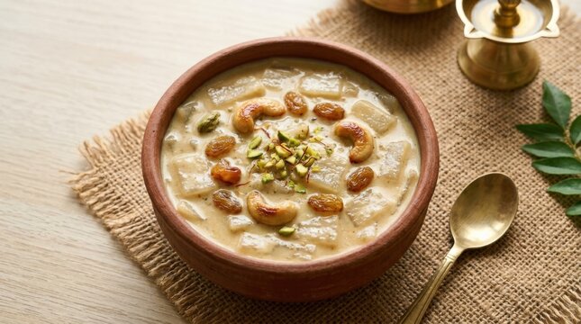 Kerala palada payasam, authentic Indian cuisine for restaurant menus, delivery and culinary branding, rich texture, appetizing plating, top view or close-up styling, natural light, photorealistic,