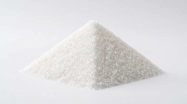Pyramid shaped pile of salt in close up, clean food ingredient texture concept, minimal white surface composition, sharp granular detail, studio lighting, no logos
