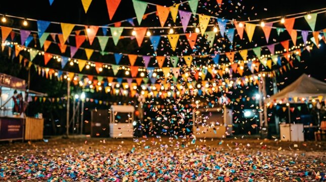 Colorful confetti and flags forming a festive blurred background, celebration concept, vibrant party atmosphere, soft bokeh, realistic detail, no logos