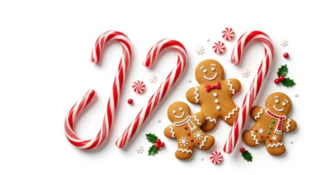Christmas candy cane and gingerbread men design elements isolated on white background, festive holiday still life for seasonal branding, greeting visuals and celebration layouts, clean composition,
