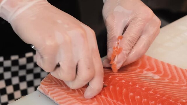 Close-up footage of a professional chef's hands meticulously removing small pin bones from a raw salmon fillet using specialized kitchen tweezers. This precise preparation technique ensures high-quali