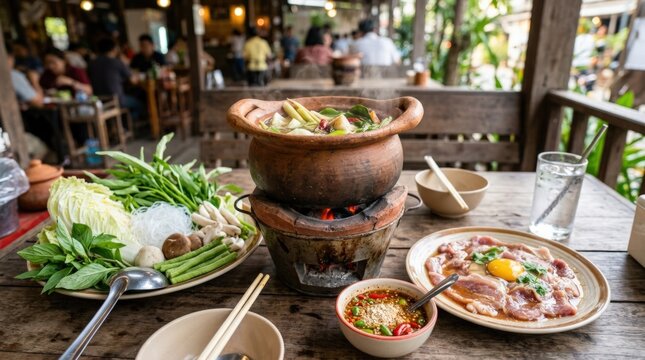 Thai hot pot food called Jim Jum with pork, soup, sauce and vegetables on table, appetizing local cuisine scene with rich ingredients and authentic dining atmosphere, natural light, realistic food