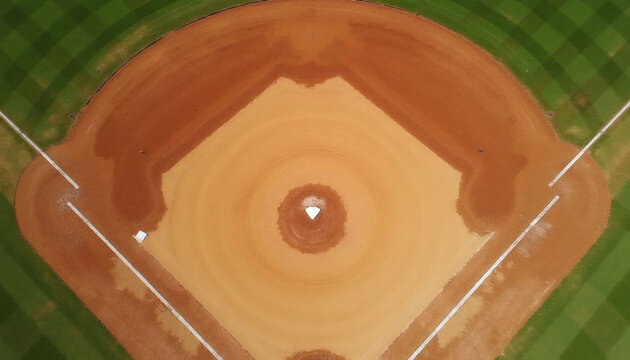 Aerial view of a baseball field with groomed dirt infield and grass outfield. Bases and pitcher mound are visible on a clear day. Empty diamond awaits players for game.