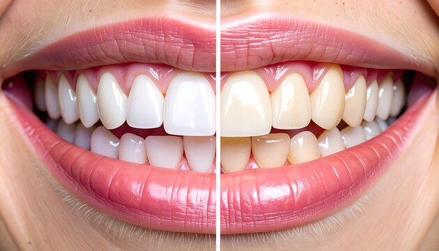 Split image showing comparison of before and after teeth whitening, healthy white smile versus yellowed teeth, dental care and hygiene concept
